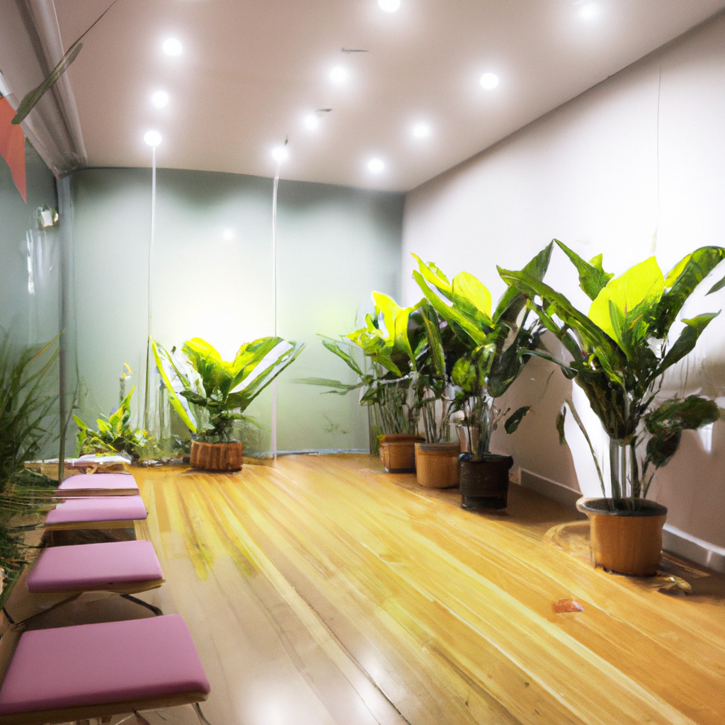 Studio sfeerfoto — houten vloer, groene planten, warme zon, mensen in lotus houding, hoge resolutie